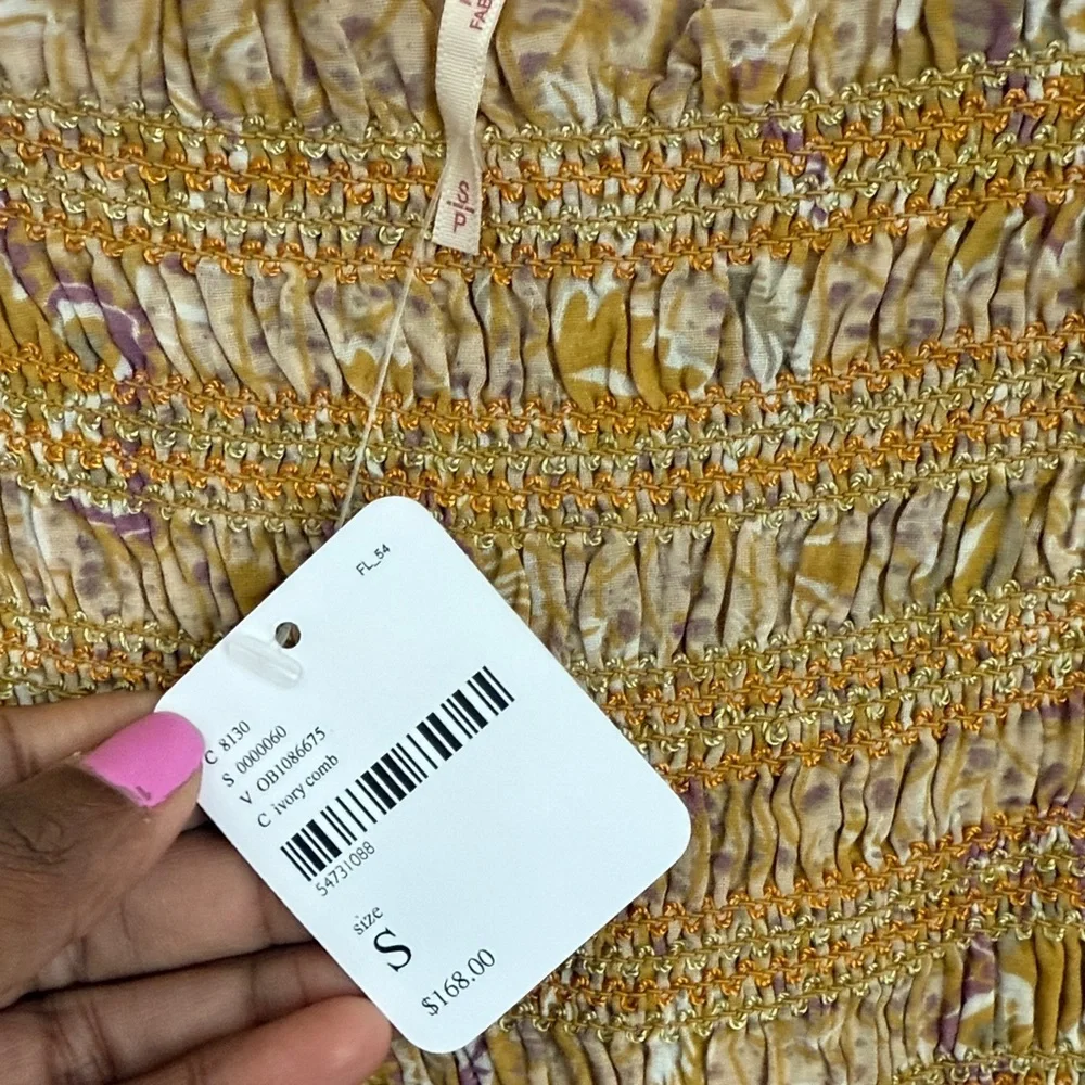 Free People getaway babydoll ruched Mustard tiered Floral Maxi Dress S